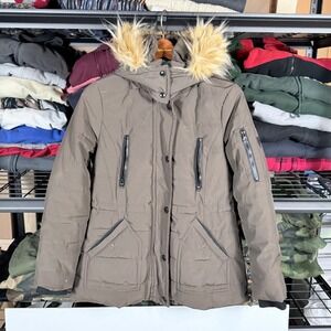 Guess Womens army Winter Puffer Jacket Faux Fur Hood‎ Brown Size Medium